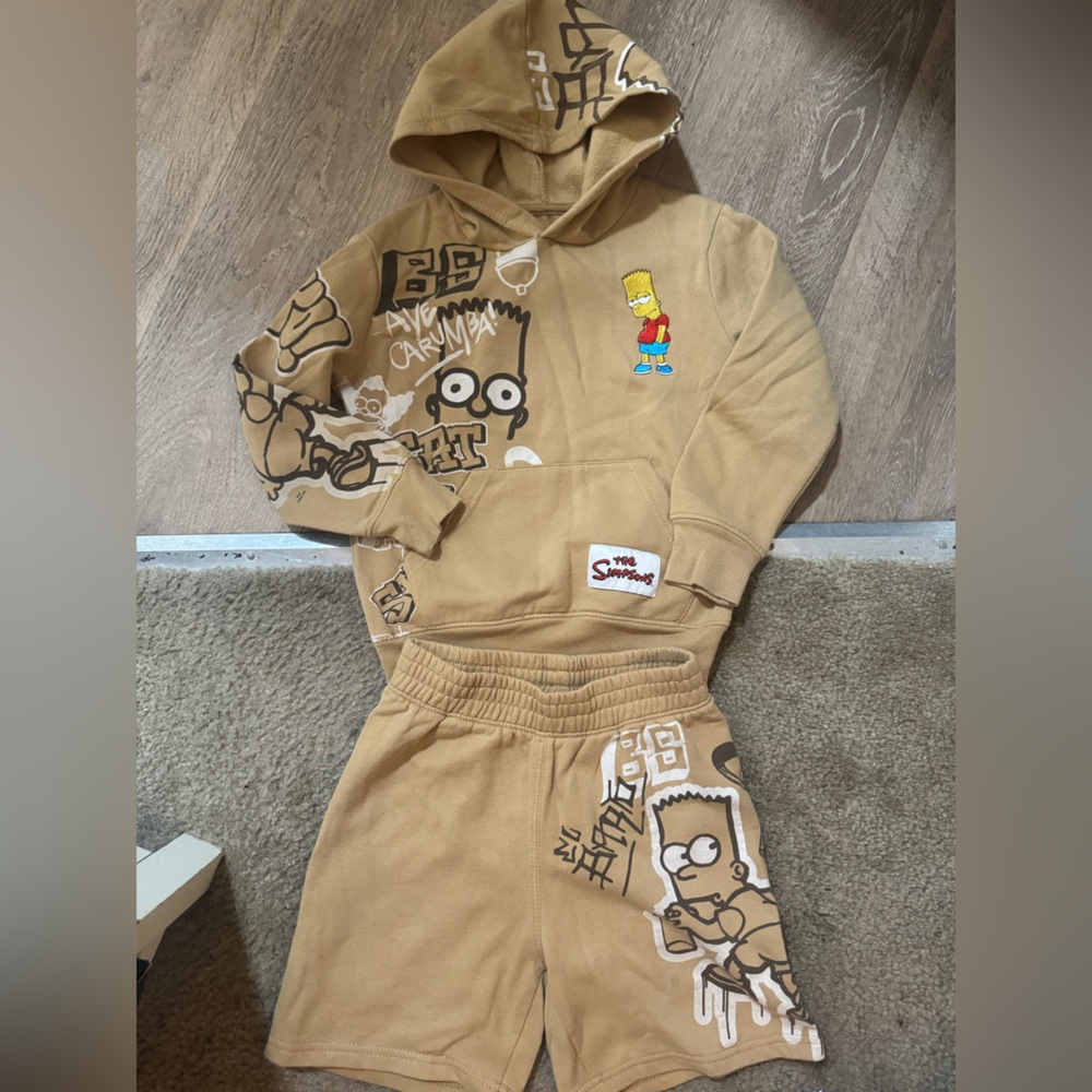 Tan Hoodie and Sweatpants Set with Cartoon Graphics BART Simpson